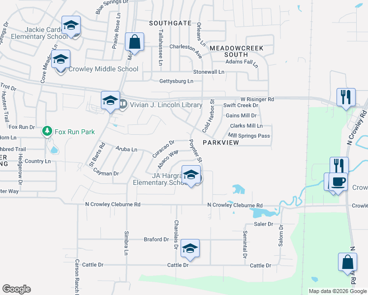 map of restaurants, bars, coffee shops, grocery stores, and more near 9001 Curacao Drive in Fort Worth