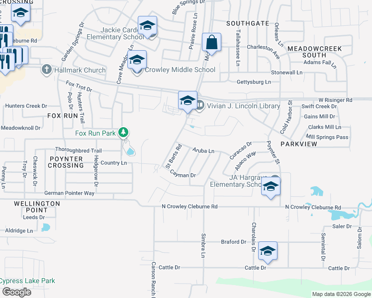 map of restaurants, bars, coffee shops, grocery stores, and more near 3520 Aruba Lane in Fort Worth