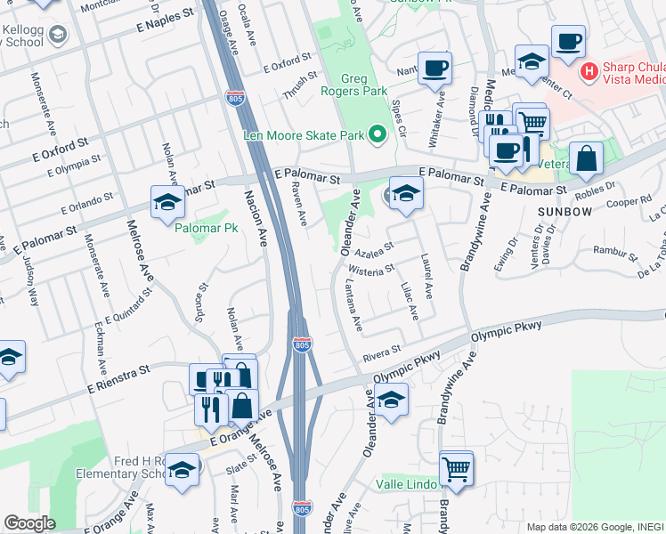 map of restaurants, bars, coffee shops, grocery stores, and more near 1408 Oleander Avenue in Chula Vista