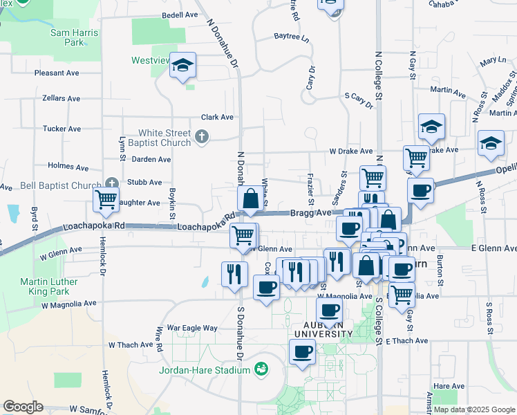 map of restaurants, bars, coffee shops, grocery stores, and more near 410 Bragg Avenue in Auburn