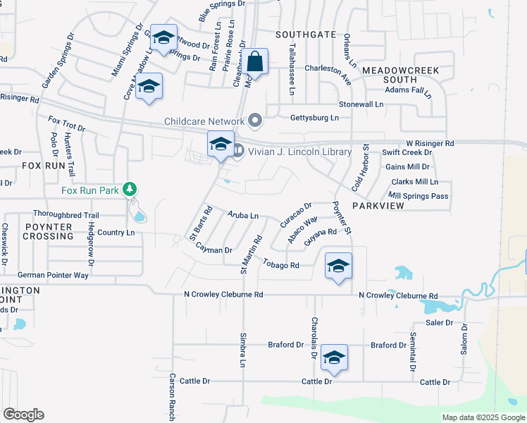 map of restaurants, bars, coffee shops, grocery stores, and more near 3404 Aruba Lane in Fort Worth