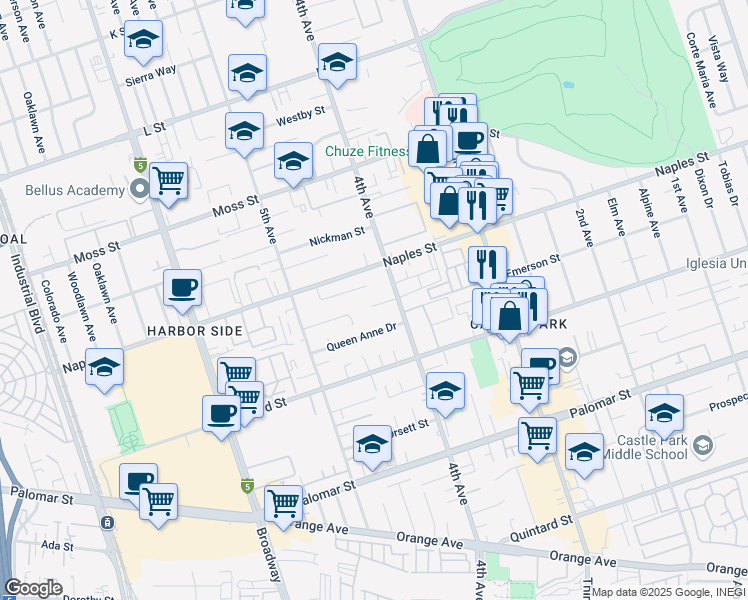 map of restaurants, bars, coffee shops, grocery stores, and more near 418 Weisser Way in Chula Vista
