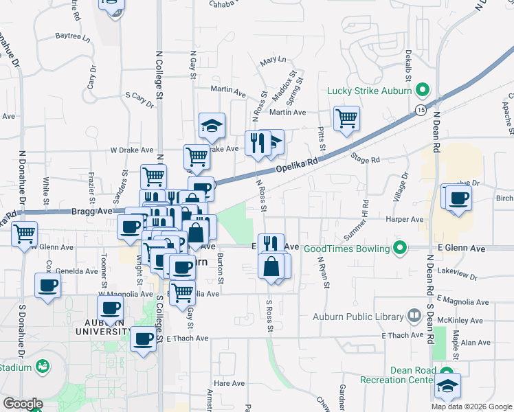 map of restaurants, bars, coffee shops, grocery stores, and more near 323 North Ross Street in Auburn