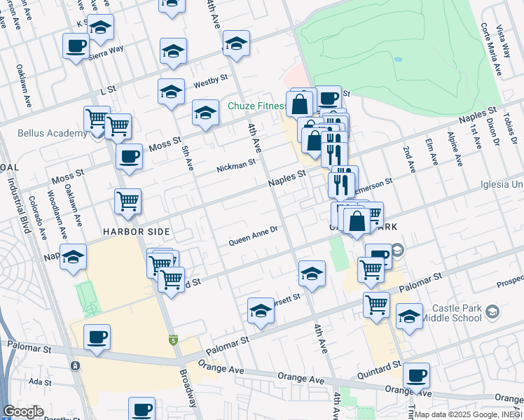 map of restaurants, bars, coffee shops, grocery stores, and more near 418 Weisser Way in Chula Vista