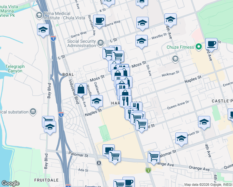 map of restaurants, bars, coffee shops, grocery stores, and more near 1055 Madison Avenue in Chula Vista