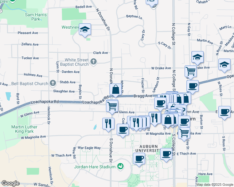 map of restaurants, bars, coffee shops, grocery stores, and more near 410 Bragg Avenue in Auburn