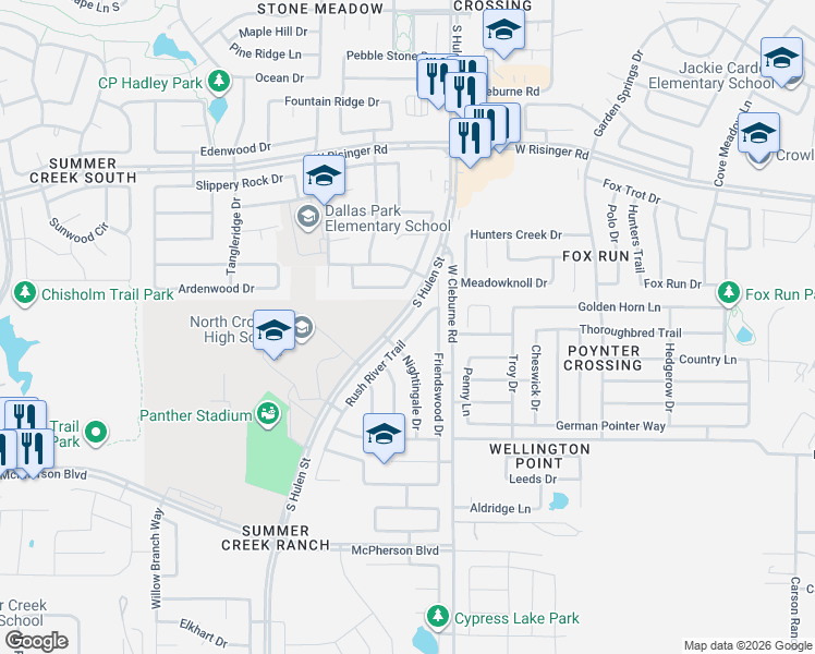 map of restaurants, bars, coffee shops, grocery stores, and more near 4428 Rush River Trail in Fort Worth