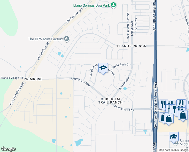 map of restaurants, bars, coffee shops, grocery stores, and more near 6536 Longhorn Herd Lane in Fort Worth