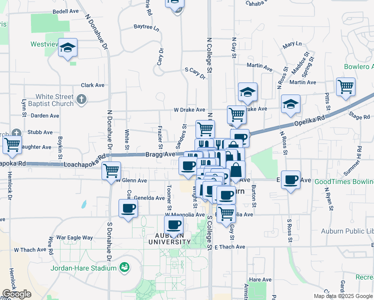 map of restaurants, bars, coffee shops, grocery stores, and more near 146 Bragg Avenue in Auburn