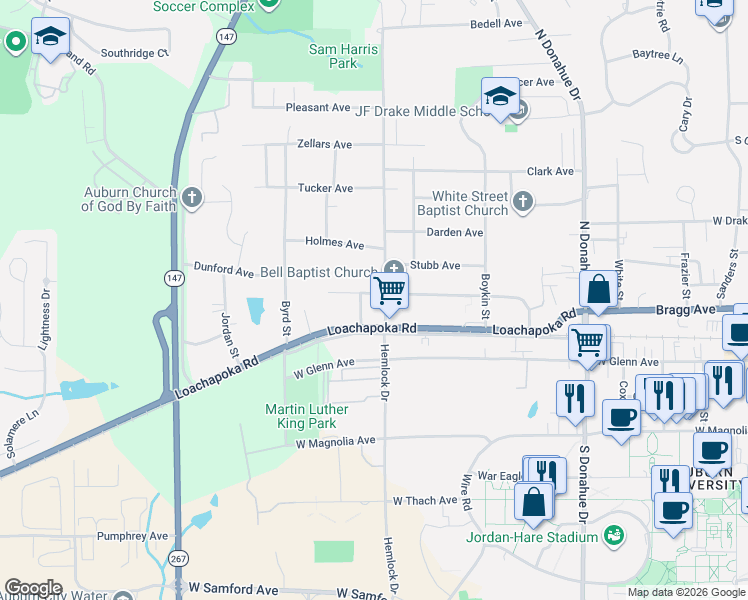map of restaurants, bars, coffee shops, grocery stores, and more near 919 Slaughter Ave in Auburn