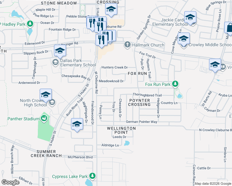 map of restaurants, bars, coffee shops, grocery stores, and more near 9013 Troy Drive in Fort Worth