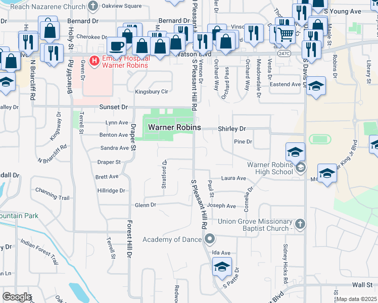 map of restaurants, bars, coffee shops, grocery stores, and more near 305 South Pleasant Hill Road in Warner Robins