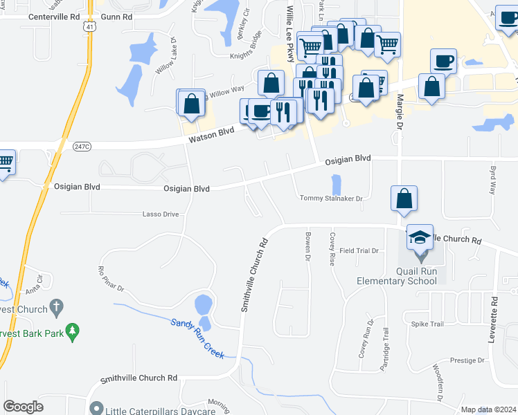 map of restaurants, bars, coffee shops, grocery stores, and more near 247 Katelyn Circle in Warner Robins