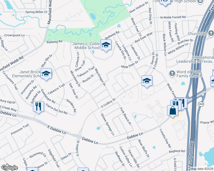 map of restaurants, bars, coffee shops, grocery stores, and more near 8233 Macgregor Drive in Arlington
