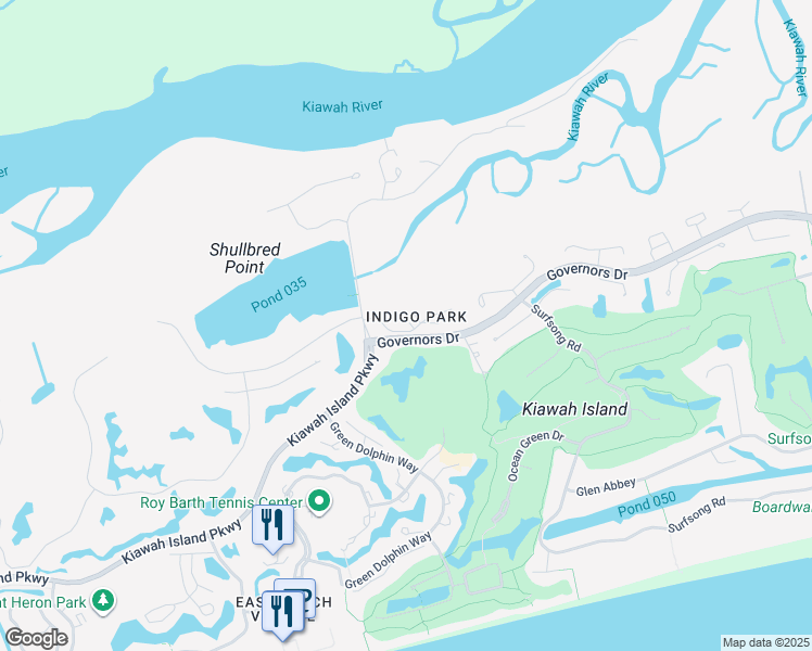 map of restaurants, bars, coffee shops, grocery stores, and more near 121 Halona Lane in Johns Island