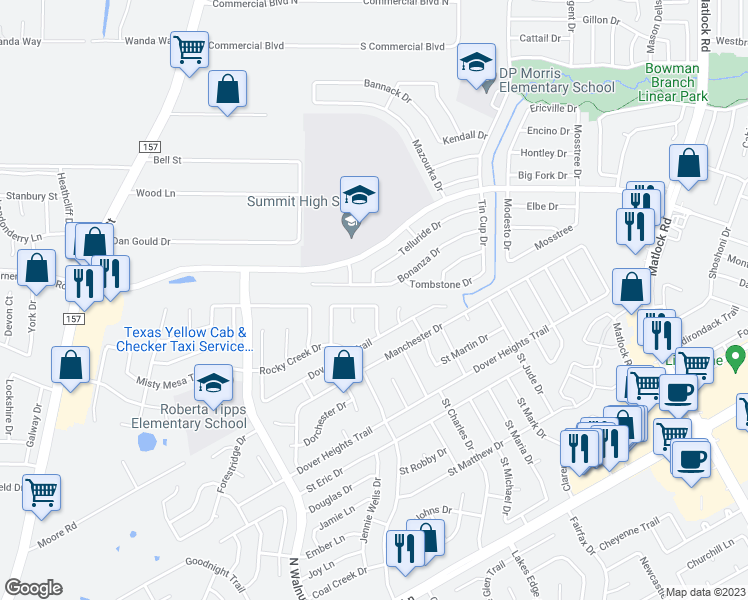map of restaurants, bars, coffee shops, grocery stores, and more near 3231 Winding Ridge Circle in Mansfield