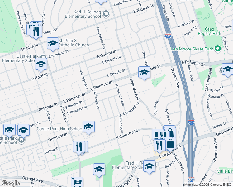 map of restaurants, bars, coffee shops, grocery stores, and more near 171 East Prospect Street in Chula Vista