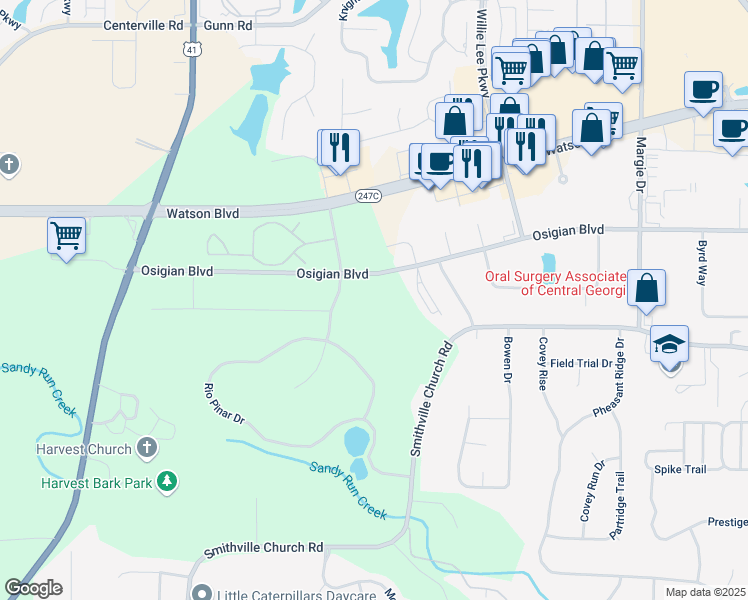 map of restaurants, bars, coffee shops, grocery stores, and more near 701 Osigian Boulevard in Warner Robins