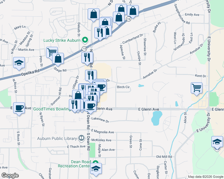 map of restaurants, bars, coffee shops, grocery stores, and more near 994 Birch Court in Auburn