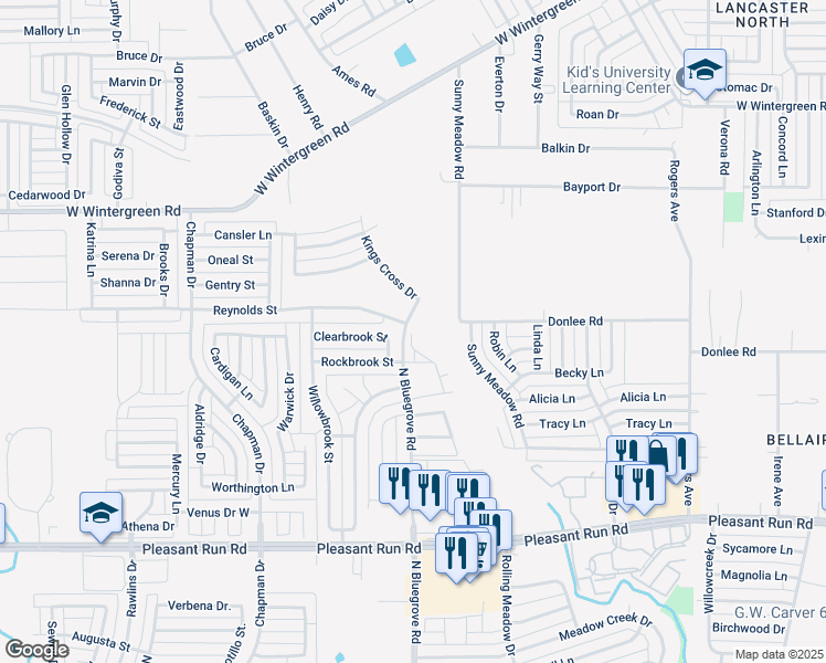 map of restaurants, bars, coffee shops, grocery stores, and more near 1415 Clearbrook Street in Lancaster