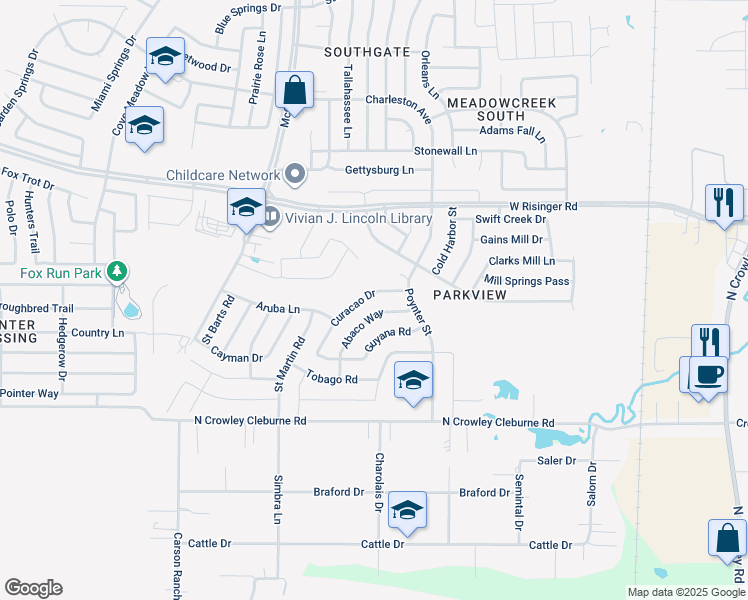 map of restaurants, bars, coffee shops, grocery stores, and more near 9029 Curacao Drive in Fort Worth