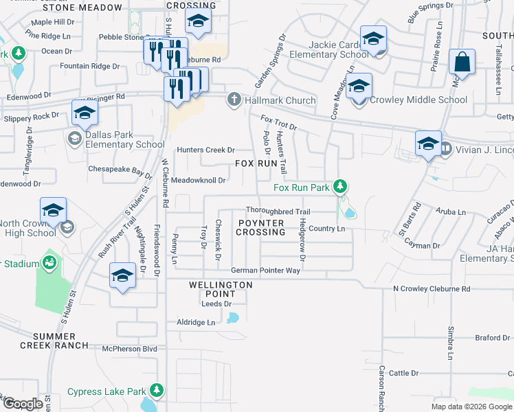 map of restaurants, bars, coffee shops, grocery stores, and more near 4037 Golden Horn Lane in Fort Worth
