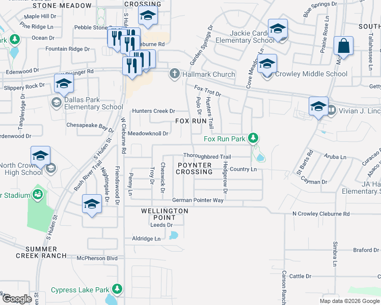 map of restaurants, bars, coffee shops, grocery stores, and more near 4037 Golden Horn Lane in Fort Worth