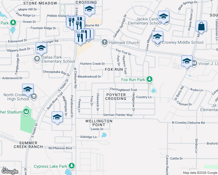 map of restaurants, bars, coffee shops, grocery stores, and more near 4037 Golden Horn Lane in Fort Worth