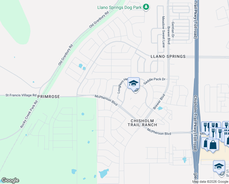 map of restaurants, bars, coffee shops, grocery stores, and more near 6536 Longhorn Herd Lane in Fort Worth