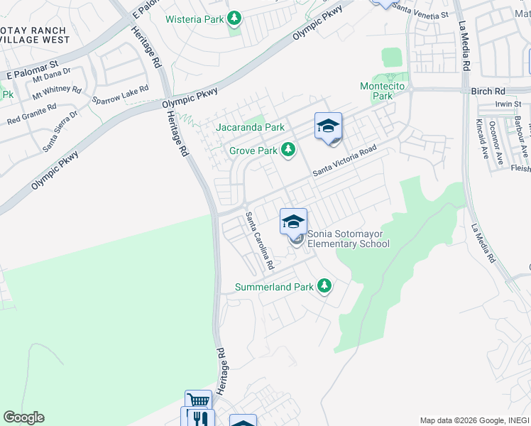map of restaurants, bars, coffee shops, grocery stores, and more near 1709 Carrillo Place in Chula Vista