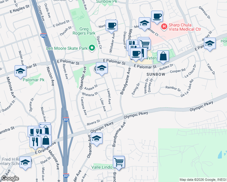 map of restaurants, bars, coffee shops, grocery stores, and more near 1415 Laurel Avenue in Chula Vista