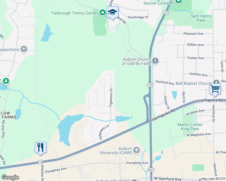 map of restaurants, bars, coffee shops, grocery stores, and more near 358 Lightness Drive in Auburn