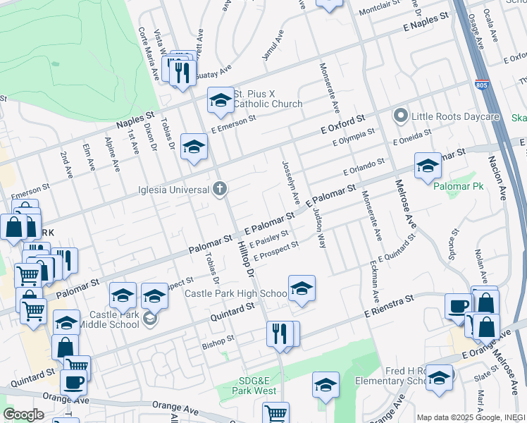 map of restaurants, bars, coffee shops, grocery stores, and more near 1286 Cuyamaca Avenue in Chula Vista