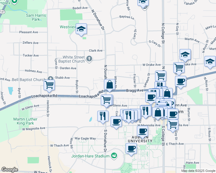 map of restaurants, bars, coffee shops, grocery stores, and more near 340 N Donahue Dr in Auburn