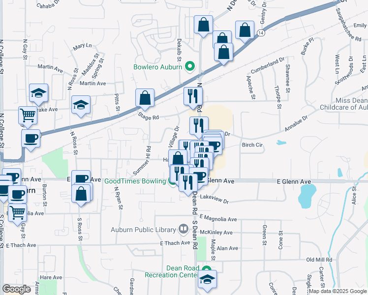 map of restaurants, bars, coffee shops, grocery stores, and more near 723 Mercer Circle in Auburn