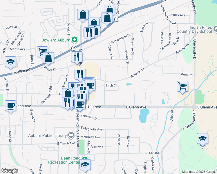 map of restaurants, bars, coffee shops, grocery stores, and more near 994 Birch Court in Auburn