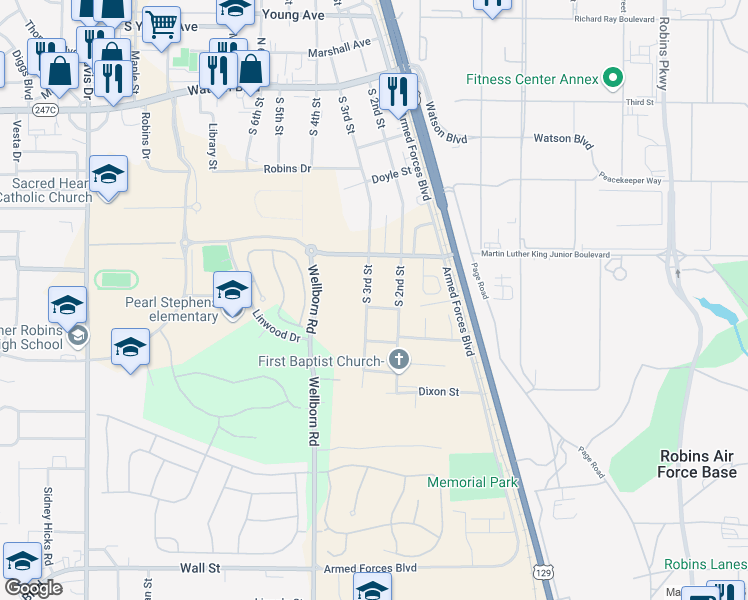 map of restaurants, bars, coffee shops, grocery stores, and more near 514 South 3rd Street in Warner Robins