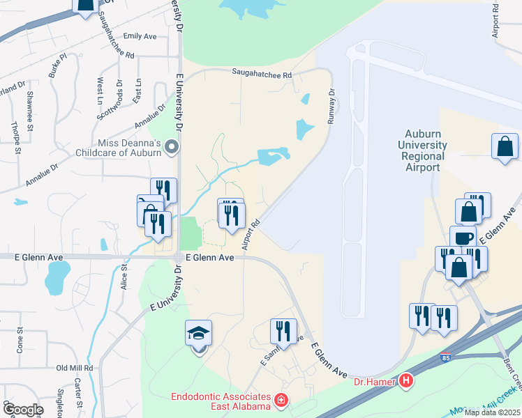 map of restaurants, bars, coffee shops, grocery stores, and more near 337 Airport Road in Auburn
