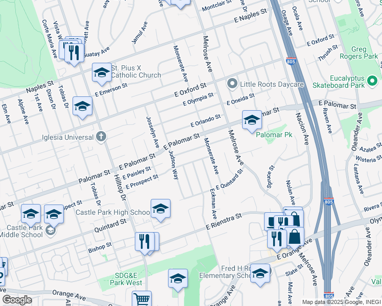 map of restaurants, bars, coffee shops, grocery stores, and more near 138 East Paisley Street in Chula Vista