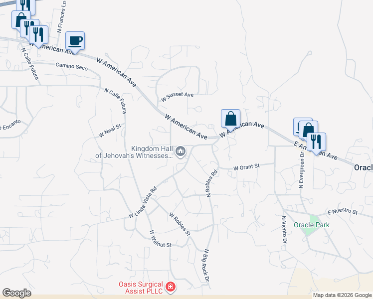 map of restaurants, bars, coffee shops, grocery stores, and more near 650 West Linda Vista Road in Oracle