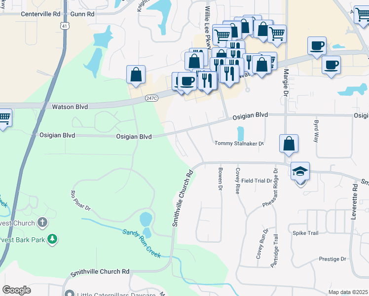 map of restaurants, bars, coffee shops, grocery stores, and more near 251 Katelyn Circle in Warner Robins