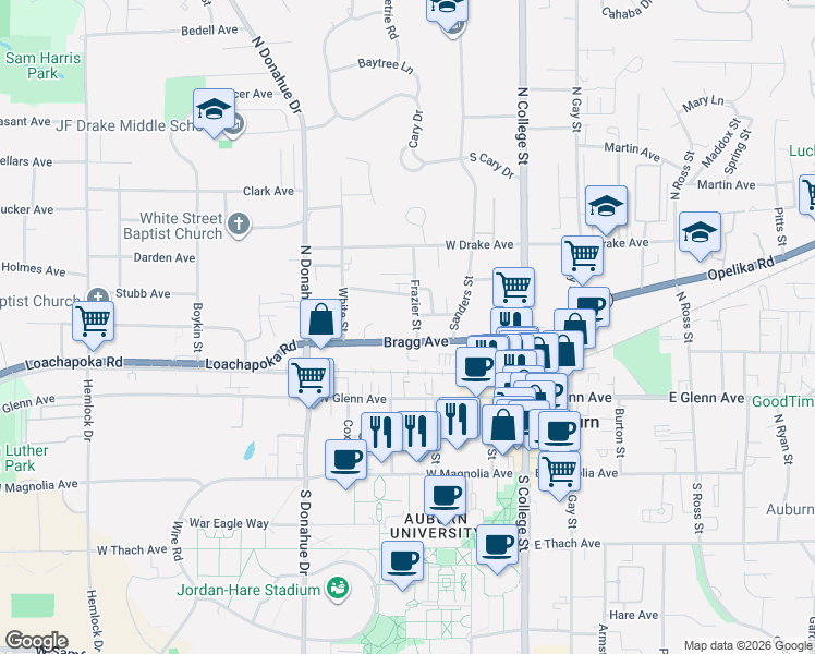 map of restaurants, bars, coffee shops, grocery stores, and more near 313 Frazier Street in Auburn