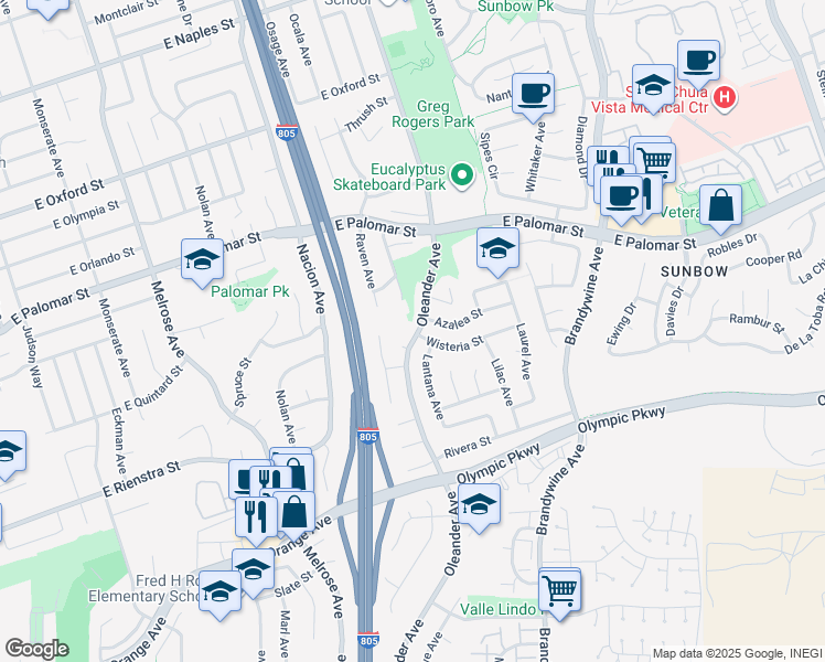 map of restaurants, bars, coffee shops, grocery stores, and more near 1404 Oleander Avenue in Chula Vista