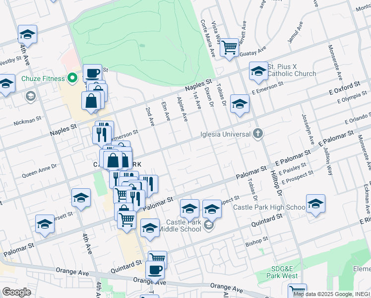 map of restaurants, bars, coffee shops, grocery stores, and more near 1215 Elm Avenue in Chula Vista
