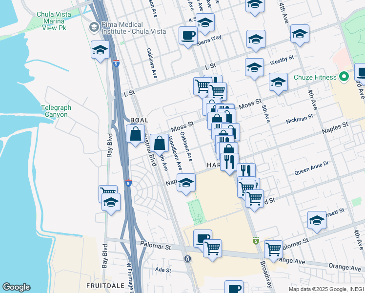 map of restaurants, bars, coffee shops, grocery stores, and more near 1042 Oaklawn Ave in Chula Vista