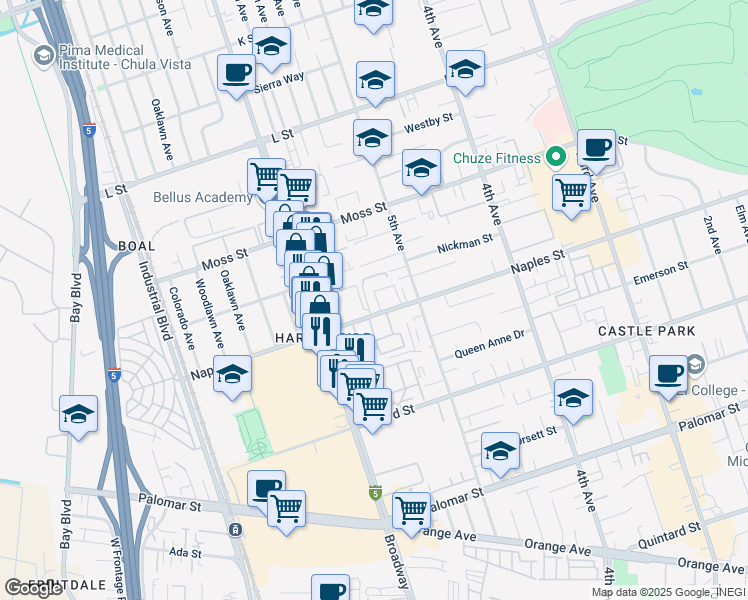 map of restaurants, bars, coffee shops, grocery stores, and more near 540 Naples Street in Chula Vista