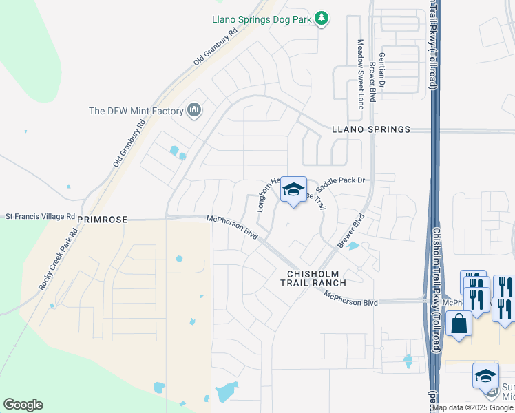 map of restaurants, bars, coffee shops, grocery stores, and more near 6536 Longhorn Herd Lane in Fort Worth