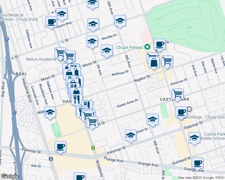map of restaurants, bars, coffee shops, grocery stores, and more near 474 Weisser Way in Chula Vista