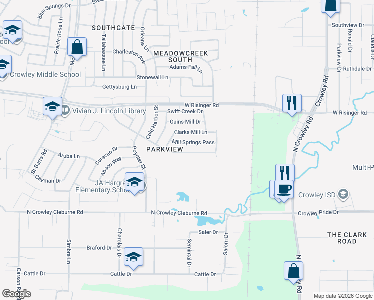 map of restaurants, bars, coffee shops, grocery stores, and more near 2608 Grand Gulf Road in Fort Worth