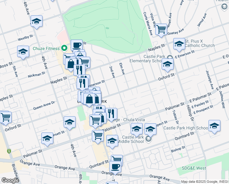 map of restaurants, bars, coffee shops, grocery stores, and more near 216 Oxford Street in Chula Vista